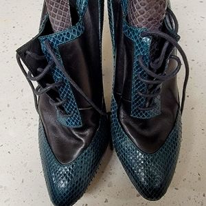 2011 Devi Kroell emerald/black snake skin and leather booties